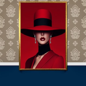 Elegant Red Hat Woman Canvas Painting, Fashion Portrait Wall Art in Red and Black, Glamorous Gift for Her