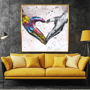 Graffiti-Inspired Hands Forming a Heart Canvas Painting - Modern Wall Art for Love-Themed Decor and a Thoughtful Gift