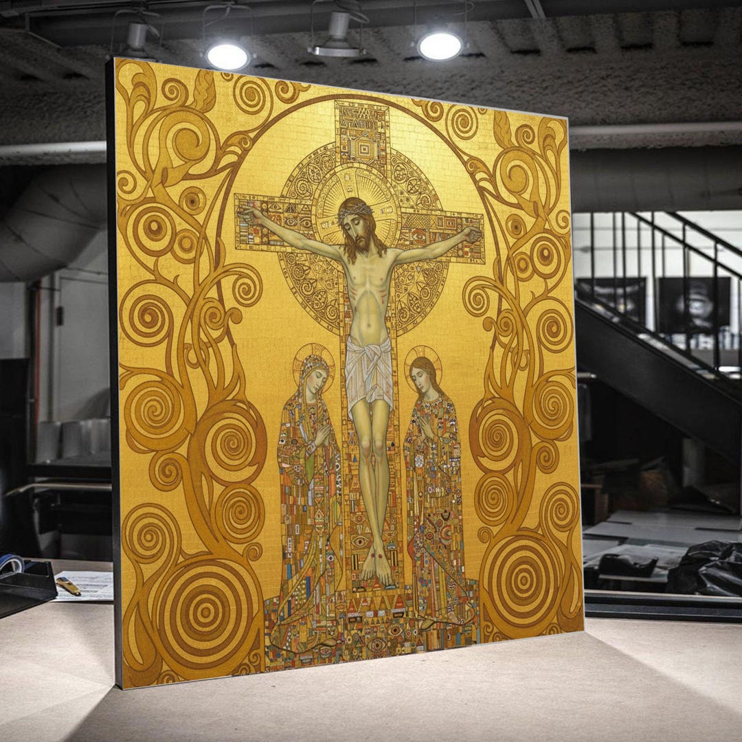 Sacred Crucifixion Canvas Wall Art, Jesus on Cross With Mary and Saint ...