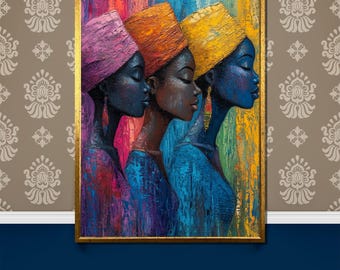 Colorful African Women Canvas Painting, Abstract Ethnic Trio Portrait Wall Art Gift, Vibrant Afro-Cultural Decor for Modern Homes