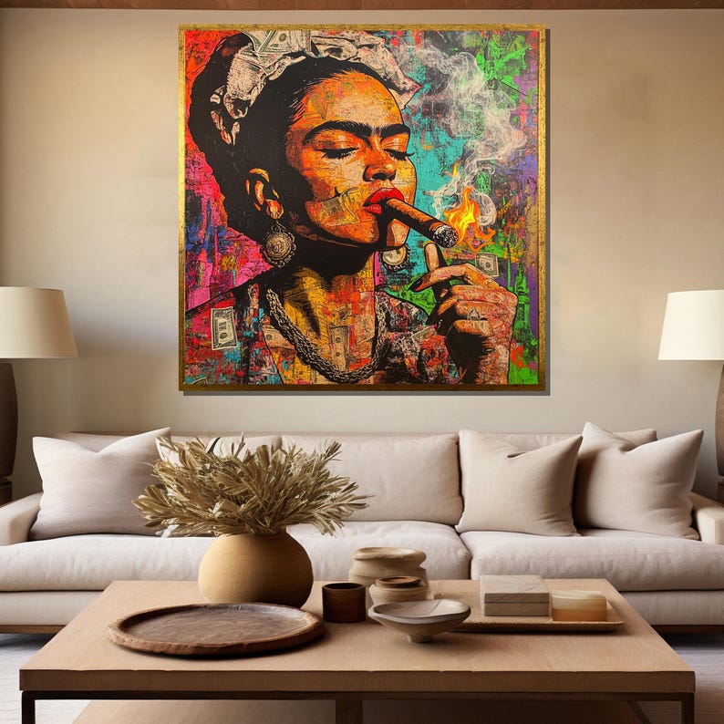 May include: A colorful, abstract portrait of Frida Kahlo smoking a cigar. The background is a collage of dollar bills and other colorful patterns.