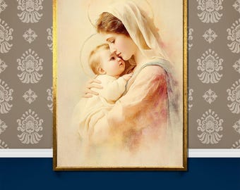Vintage Holy Mary and Baby Jesus Canvas Painting for Spiritual Gift, Tender Madonna Embrace in Soft Pastels for  Decor