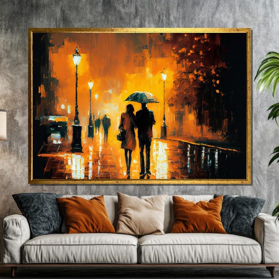 Rainy Night Romance Canvas Painting – Couple Under Umbrella Art Gift for Warm Home Decor and Urban Wall Art