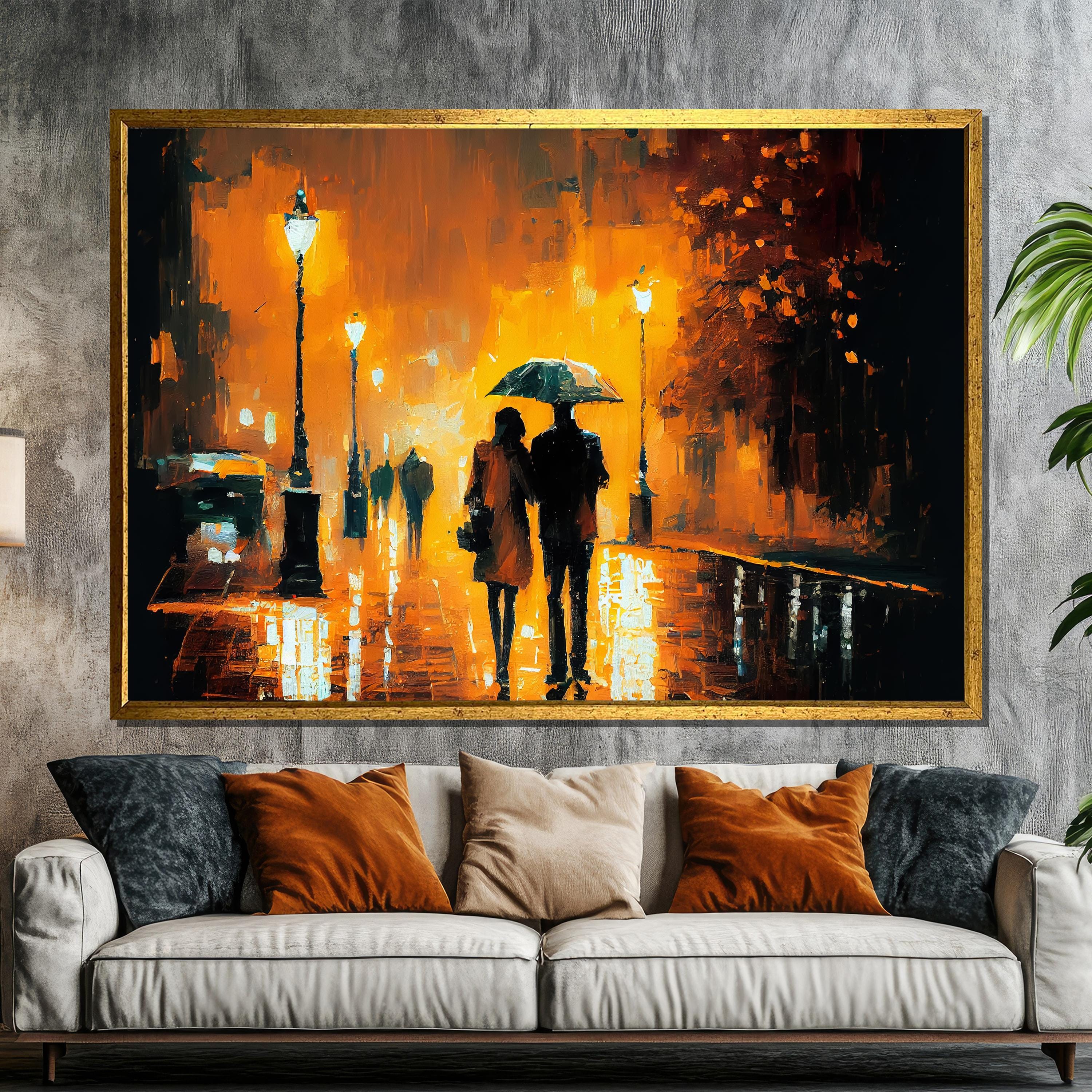 Rainy Night Romance Canvas Painting – Couple Under Umbrella Art Gift for Warm Home Decor and Urban Wall Art
