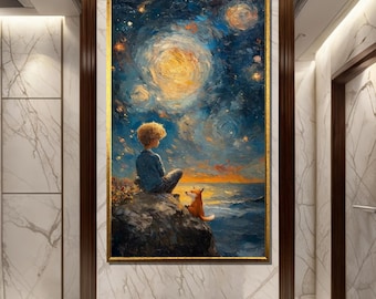 Little Prince Starry Night Canvas Print: Whimsical Fox, Children's Room Decor