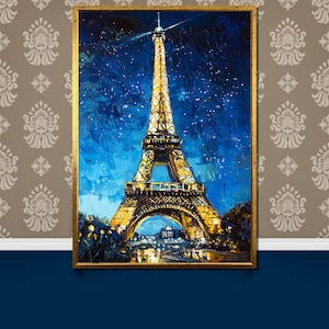Paris Eiffel Tower at Night Canvas Painting, Stunning Illuminated Landmark Artwork, Romantic Cityscape Wall Decor Gift