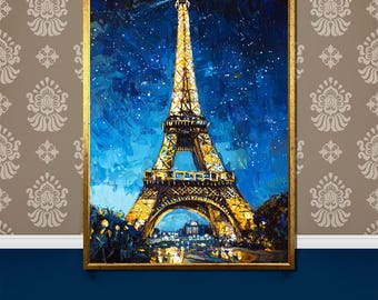 Paris Eiffel Tower at Night Canvas Painting, Stunning Illuminated Landmark Artwork, Romantic Cityscape Wall Decor Gift