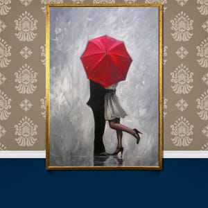 Red Umbrella Romance - Couple Kissing in the Rain Canvas Painting, Romantic Lovers Under Umbrella Wall Art Gift, Elegant Love Scene Decor