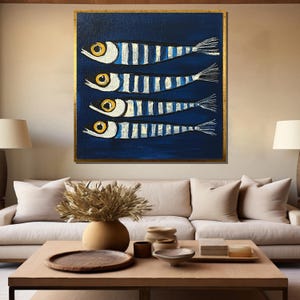 May include: A painting of four blue and white striped fish with yellow eyes on a dark blue background.