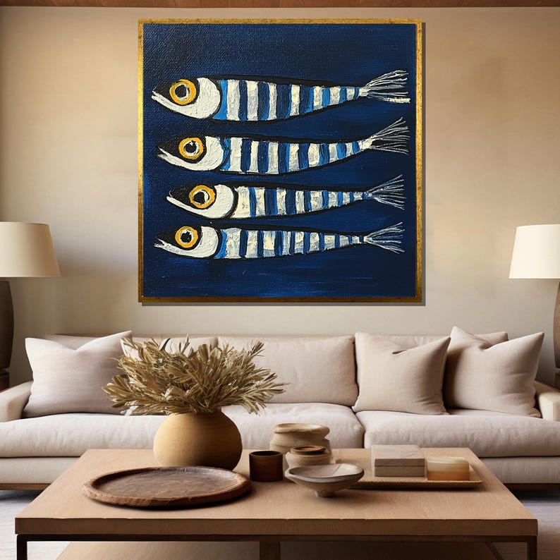May include: A painting of four blue and white striped fish with yellow eyes on a dark blue background.