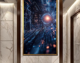 Dipinto su tela futuristico con tunnel digitale, arte murale cyberpunk fantascientifica, opera d'arte astratta con tecnologia, arredamento moderno per reti di dati, regalo unico