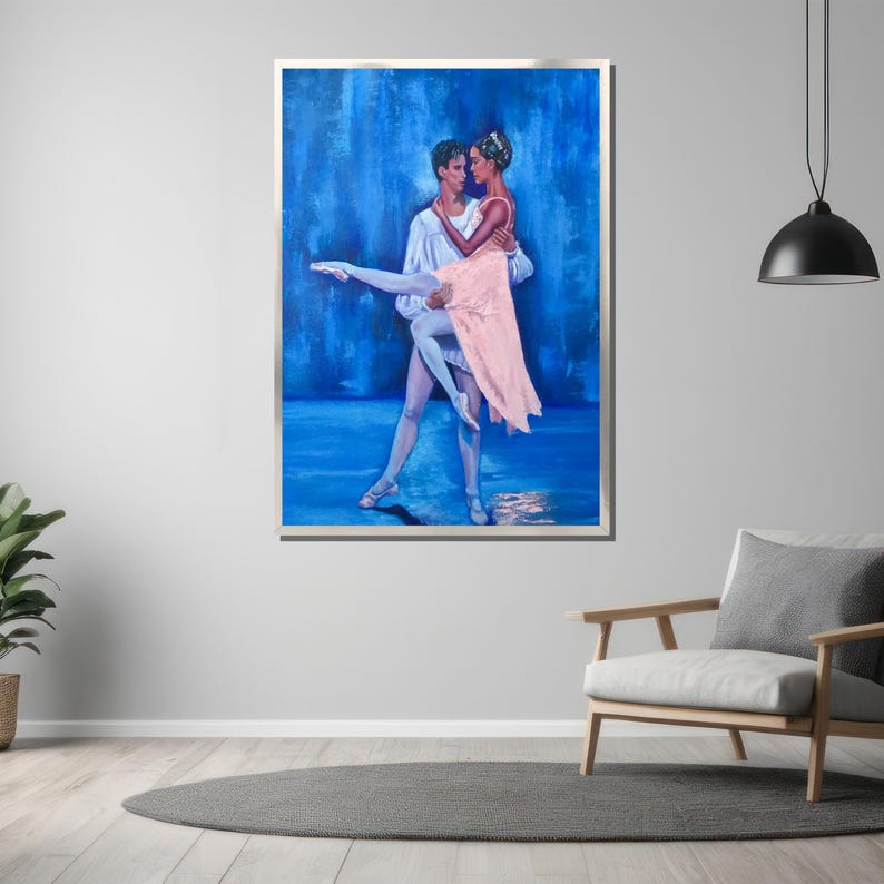 Elegant Ballet Dance Canvas Painting, Romantic Blue Ballerina Wall Art ...
