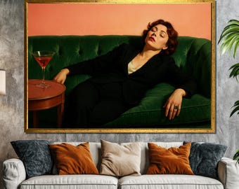 Retro Woman on Green Sofa Canvas Art, Vintage Cocktail Lounge Wall Decor, Cinematic Style Relaxed Woman Fine Art Print