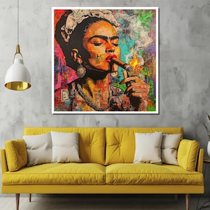 May include: A colorful, abstract painting of a woman with a cigarette in her mouth. The woman is wearing a necklace and earrings. The background is a collage of money and other abstract designs.