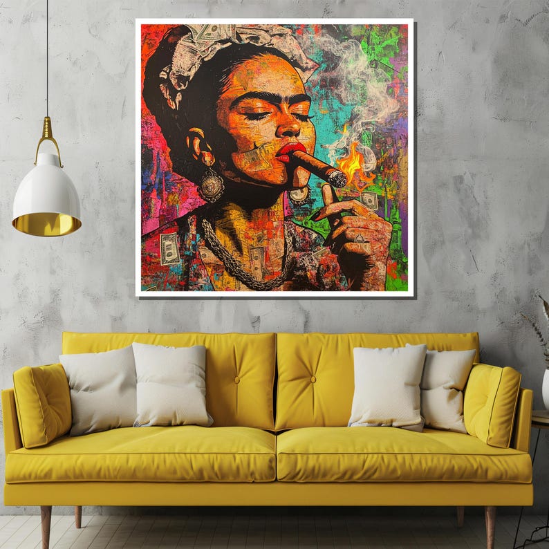 May include: A colorful, abstract painting of a woman with a cigarette in her mouth. The woman is wearing a necklace and earrings. The background is a collage of money and other abstract designs.