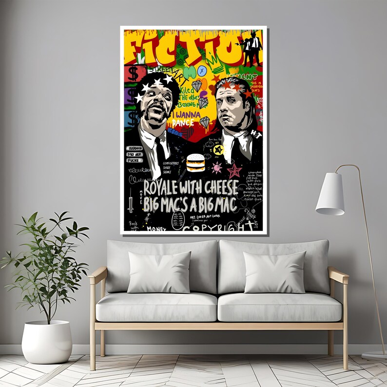 Puede incluir: Una ilustraci&oacute;n colorida de estilo graffiti de dos hombres con trajes negros, con el texto "Royale with cheese Big Mac's a Big Mac" y "Fiction" en el fondo.