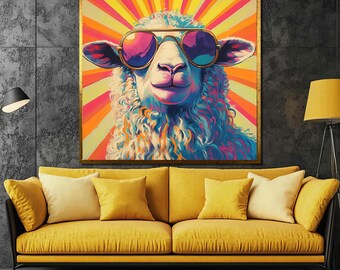 Retro Schaf Leinwand Gemälde, Funky Pop Art Tier Wand-Dekor, Bunt Cooles Lamm mit Sonnenbrille, Moderne Kunst, Lustiges Geschenk