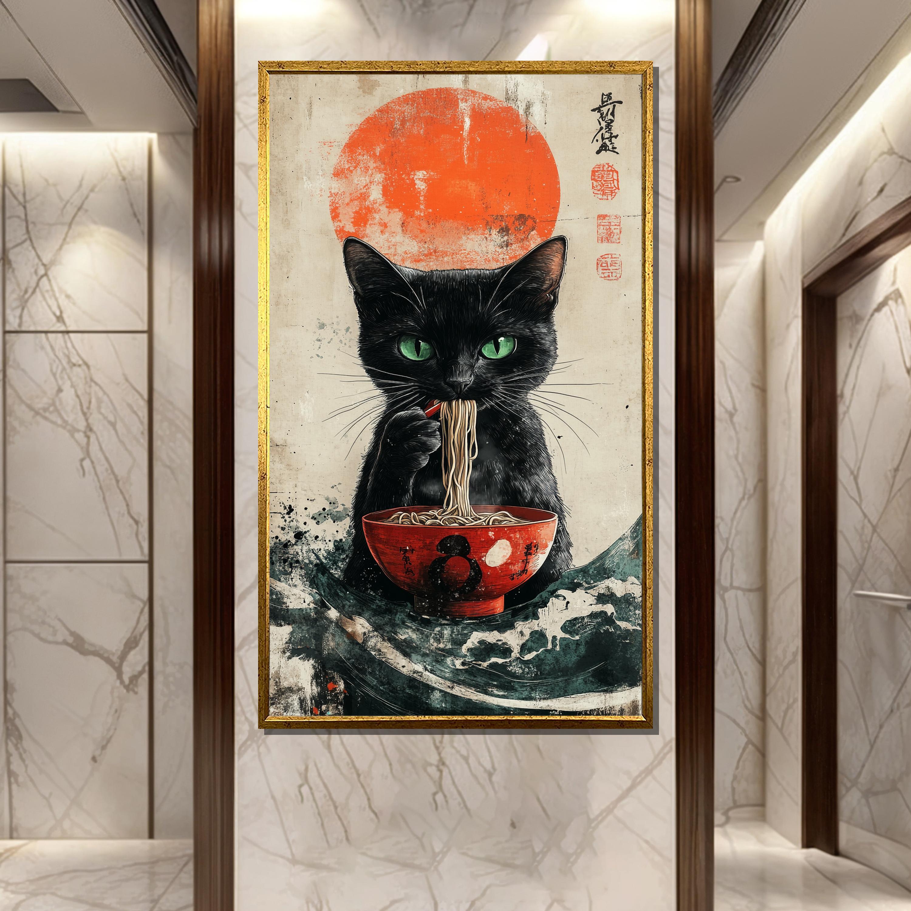 Japanese Black Cat Canvas Painting - Ramen Noodles Art Print - Unique Japandi Style Wall Decor Gift
