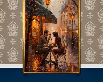 Romantic Parisian Cafe Canvas Painting,Couple Sharing Wine on Rainy Evening, Cozy AutumnScene Art Gift, Love Wall Decor for Romantic Moments