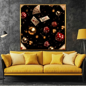 Pintura en lienzo de casino de lujo, arte de dados y naipes flotantes, elegante decoración de pared de sala de póquer, obra de arte de juego de azar en oro y rojo, juego moderno