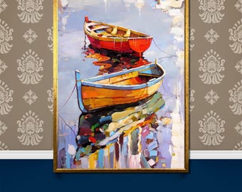 Colorful Rowboats Canvas Painting, Impressionist Lake Scene Wall Art, Relaxing Boat Reflections, Unique Coastal Decor Gift for Art Lovers