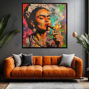 May include: A colorful, abstract portrait of a woman with a thick black eyebrow and a cigarette in her mouth. The background is a collage of dollar bills and other colorful patterns.