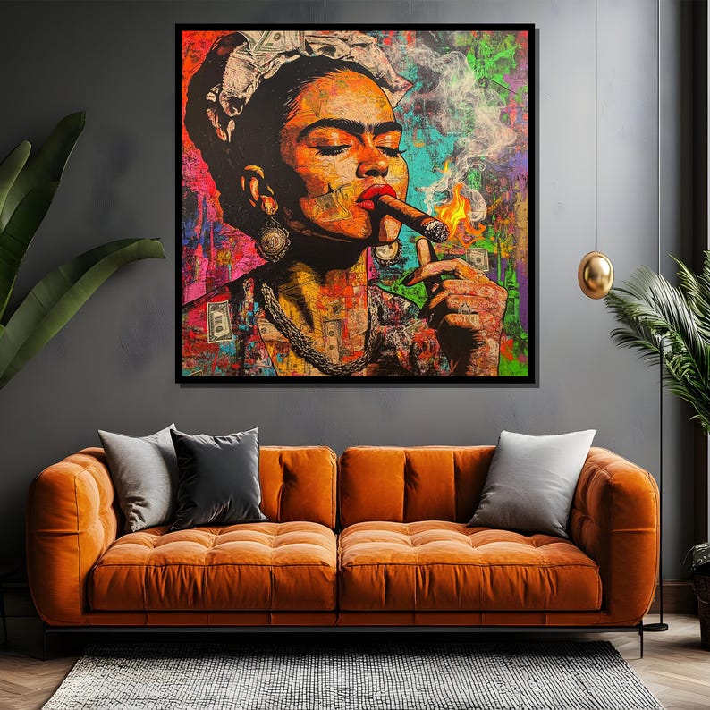May include: A colorful, abstract portrait of a woman with a thick black eyebrow and a cigarette in her mouth. The background is a collage of dollar bills and other colorful patterns.