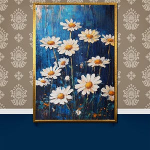 Charming White Daisy Canvas Painting Gift, Blue Floral Wall Art, Rustic Blooming Daisies Canvas Painting Gift, Botanical Nature Home Decor