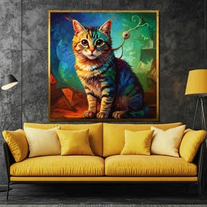 Colorful Fantasy Cat Canvas Painting with Surreal Detail, Whimsical Wall Art, Unique Gift for Cat Lovers