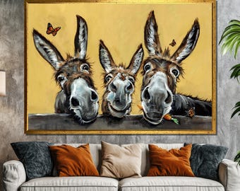 Charming Donkey Trio Canvas Painting | Playful Animal Wall Art for Farmhouse Decor | Whimsical Gift for Animal Lovers and Rustic Homes