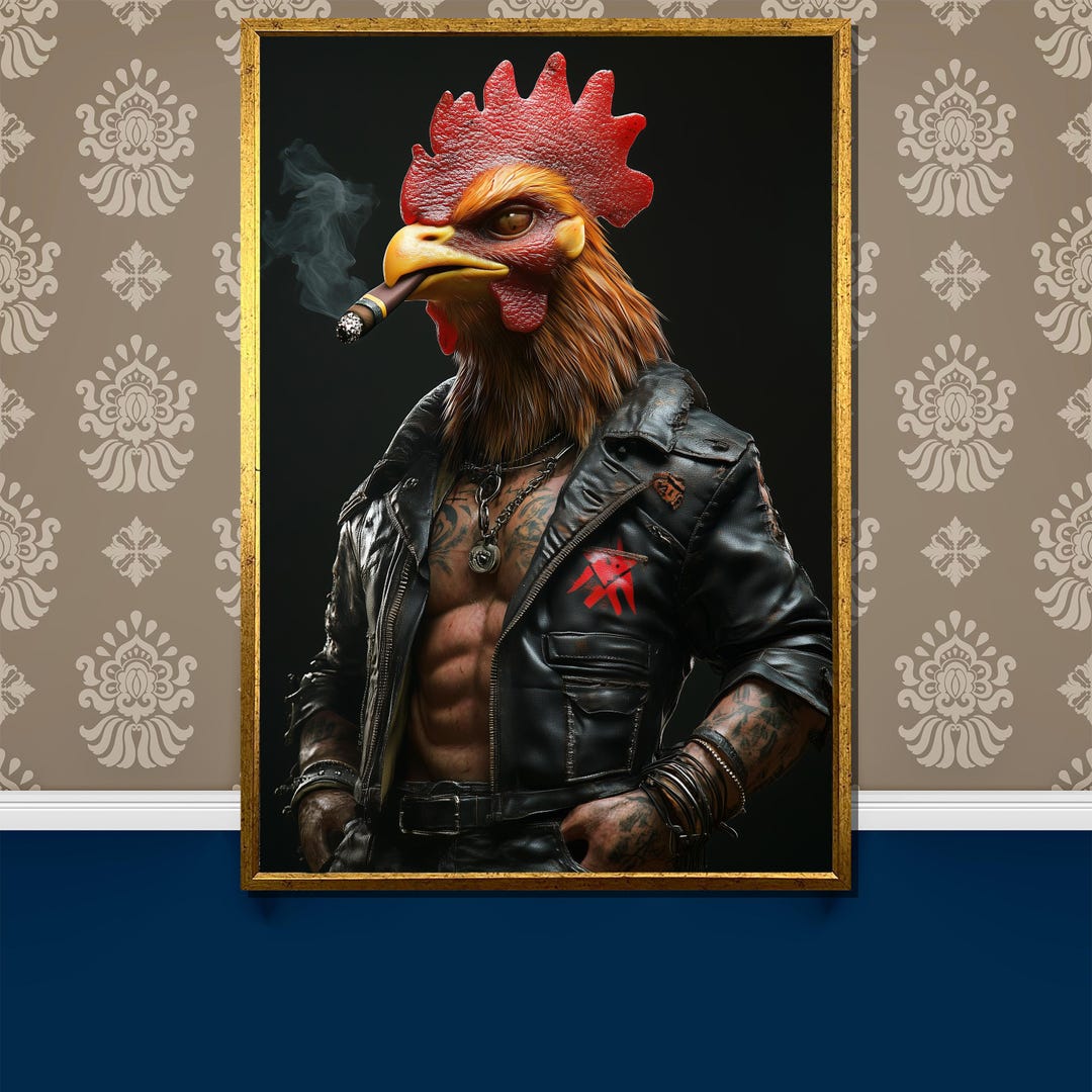 Badass Rooster Canvas Painting, Cool Rebel Chicken Art, Muscular Rocker ...