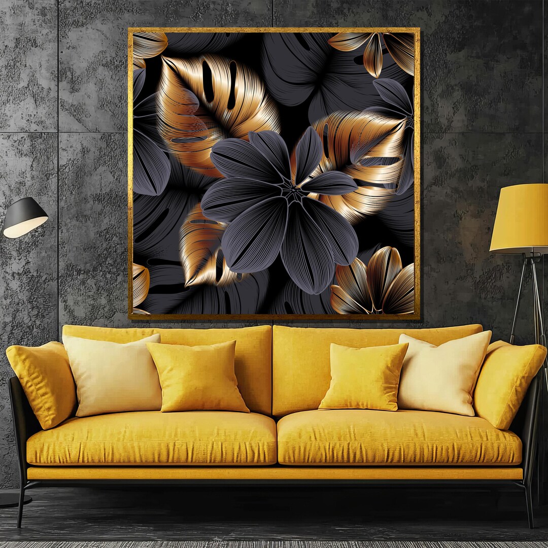 Luxury Black and Gold Floral Canvas Painting Elegant Flower and Leaf ...