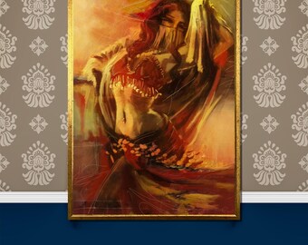 Captivating Belly Dance Canvas Painting - Oriental Veiled Dancer Wall Art - Unique Cultural Gift for Dance and Art Lovers