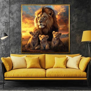 Majestic Lion Family Canvas Painting - Heartwarming Lion and Cubs Wall Art Gift for Wildlife Enthusiasts, Perfect for Home Decor
