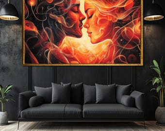 Surrealistisk romantisk kanvasmålning, abstrakt kärleksfulla själar väggkonst, eteriskt parkonstverk, passionerad kärleksgåva, modern heminredning