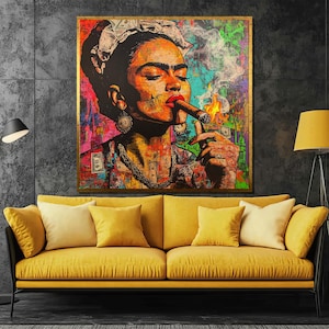 Retrato icónico de Frida Kahlo con cigarro / Pintura en lienzo con decoración de pared vibrante / Regalo artístico perfecto para el hogar