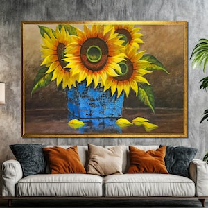 Vibrant Sunflowers Canvas Painting - Rustic Blue Pot Art, Bright Yellow Blossoms, Cheerful Wall Decor, Perfect Gift for Flower Lovers
