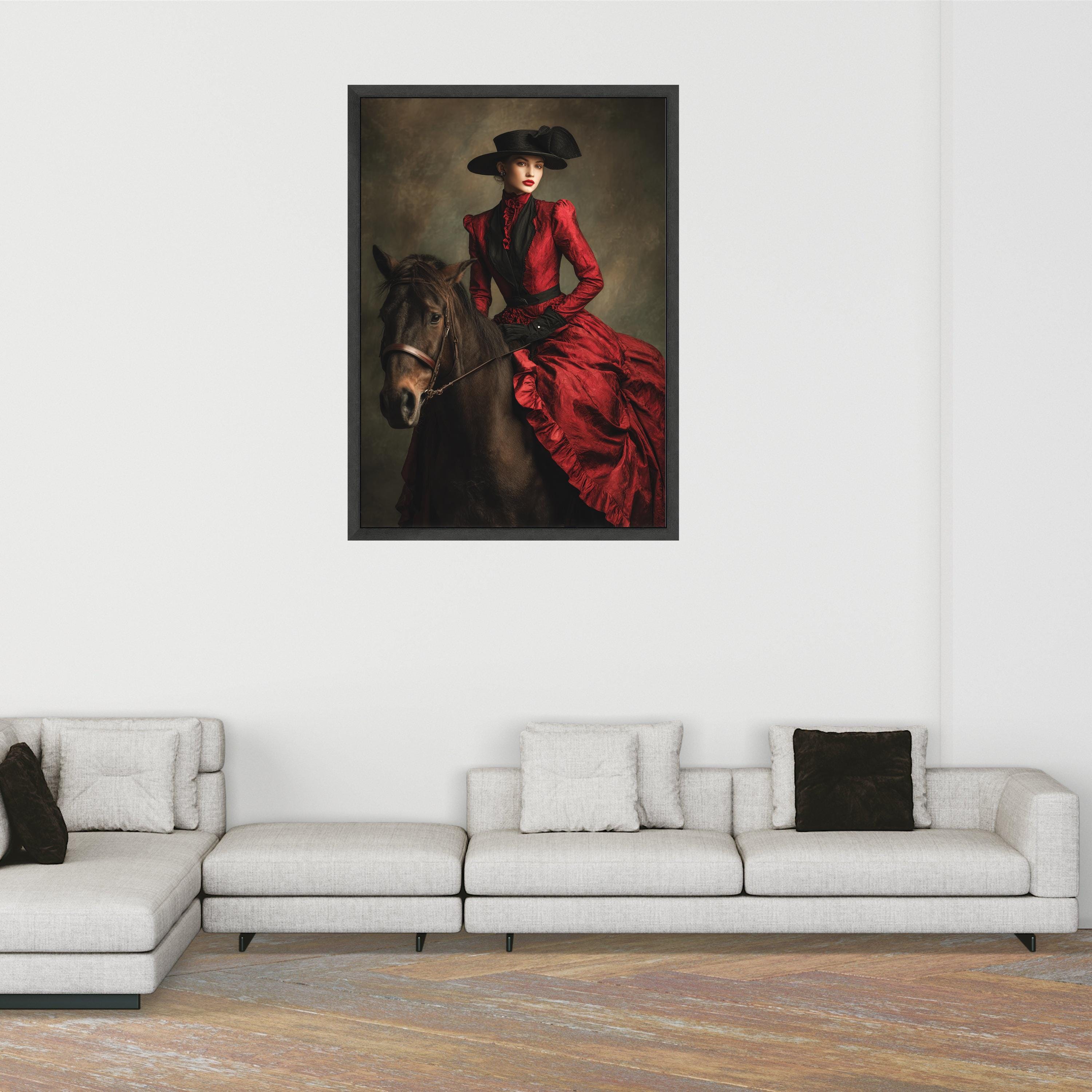 Victorian Woman in Red Dress Riding Horse Canvas, Elegant Equestrian ...