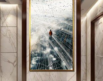 Dipinto su tela digitale futuristico, arte astratta della rete informatica, decorazione murale della tecnologia surreale, opera d'arte visionaria di fantascienza, regalo unico