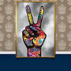 Graffiti Peace Hand Canvas Painting - Vibrant Street Art Design for Modern Wall Decor, Urban Culture Inspired Gift