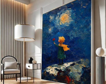 Starry Night Child Canvas, The Little Prince Art, Scenic Night Sky Canvas, Whimsical Wall Art, Impressionist Texture Painting
