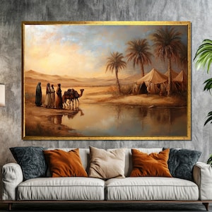 Dipinto su tela tradizionale con scena del deserto beduino: vita nomade, cammelli e oasi, regalo di arte murale culturale mediorientale