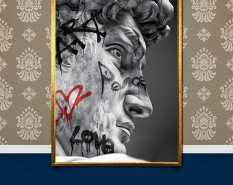 Classic Meets Street Art - Statue with Graffiti Style Canvas Painting - Unique Gift for Art Lovers and Modern Wall Decor Enthusiasts