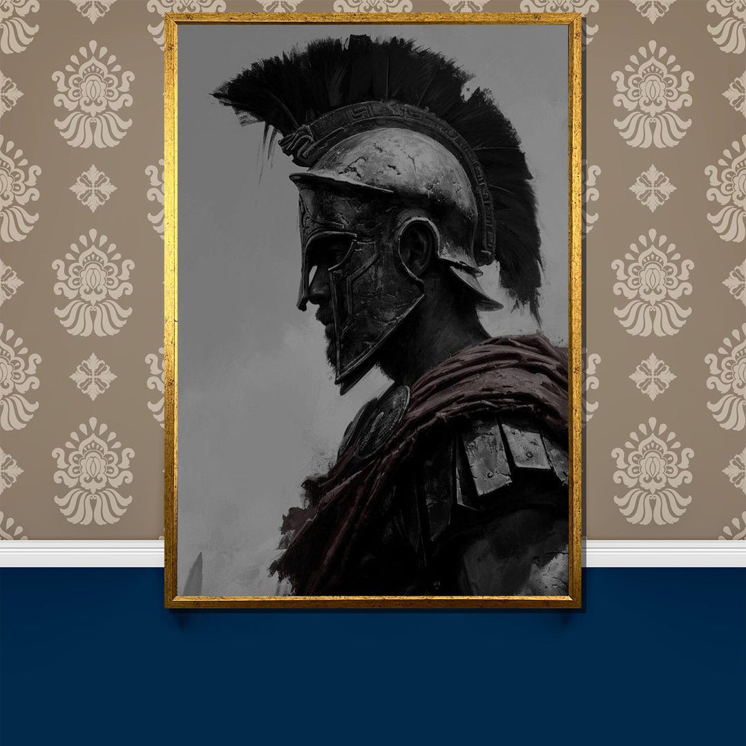 Ancient Spartan Warrior Canvas Painting – Profile of Helmeted
