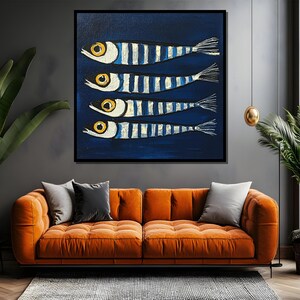 May include: A painting of four blue and white striped fish on a dark blue background. The fish are swimming in a horizontal line, with their tails pointing to the right. The fish have yellow eyes and black outlines.