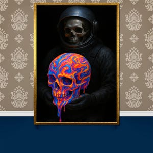 Psychedelic Melting Skull Held by Astronaut Canvas Painting Surreal Cosmic Skeleton Neon Trippy Art Gift