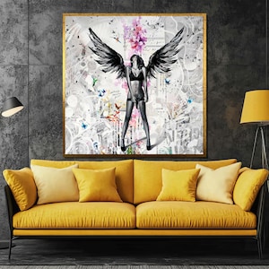Modern Angel with Wings Canvas Painting - Graffiti-Inspired Wall Art for Contemporary Home Decor and Unique Gift Ideas