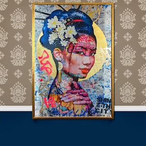 Pintura en lienzo de grafiti de geisha: decoración de pared japonesa inspirada en el arte callejero, un regalo de arte pop moderno para amantes del arte urbano.
