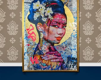 Geisha Graffiti Canvas Painting - Bold Street Art-Inspired Japanese Wall Decor, Modern Pop Art Gift for Urban Art Lovers