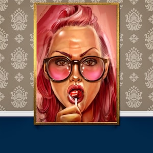 Levendige pop-art vrouw met roze haar en zonnebril canvas schilderij – moderne muurkunst cadeau voor liefhebbers van gewaagde kunst